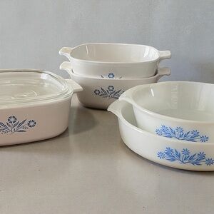 Corning Ware casserole 5 dishes featuring the iconic "Blue Cornflower" pattern